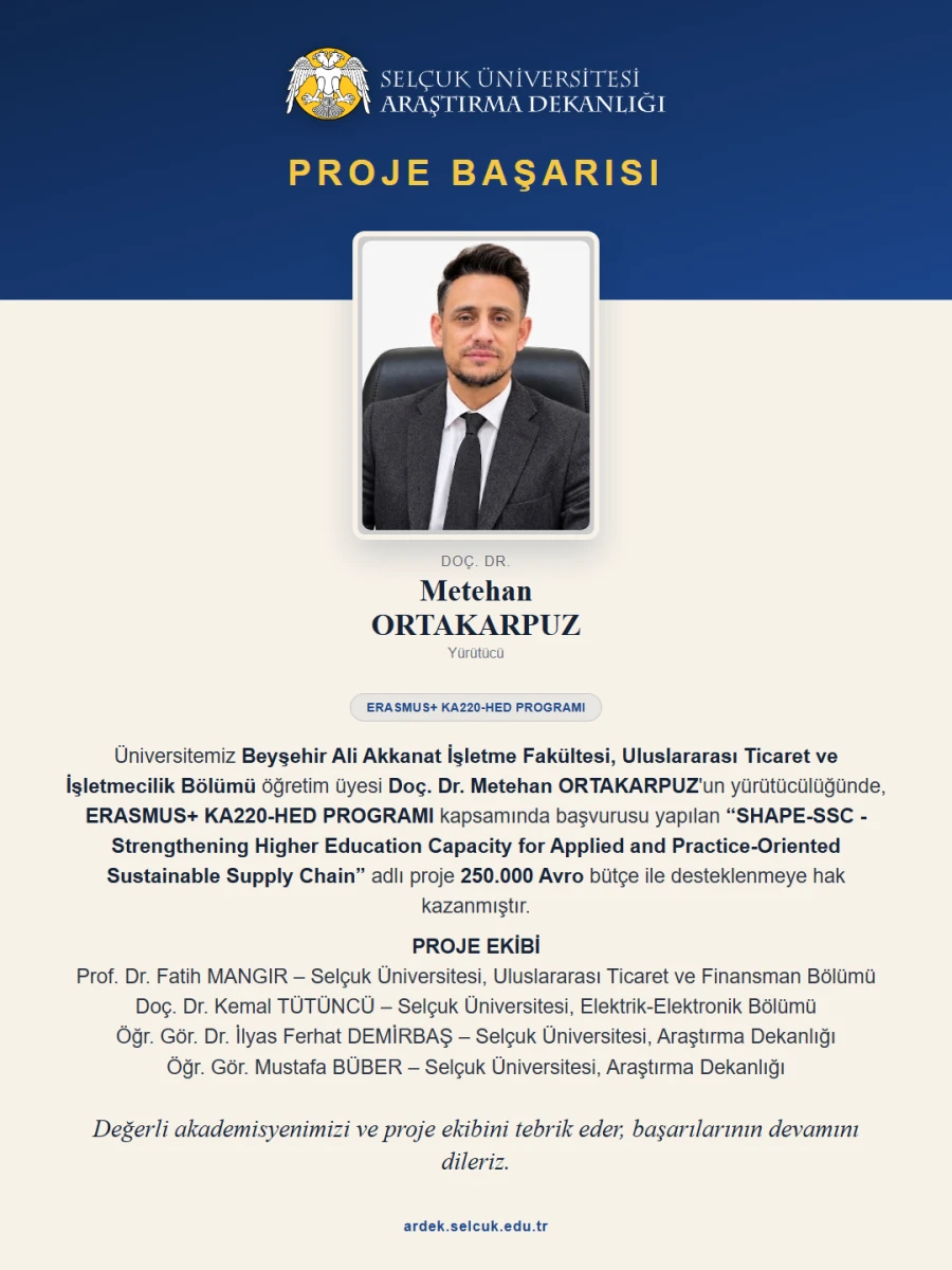 Doç. Dr. Metehan ORTAKARPUZ, ERASMUS+ KA220-HED Proje Başarısı