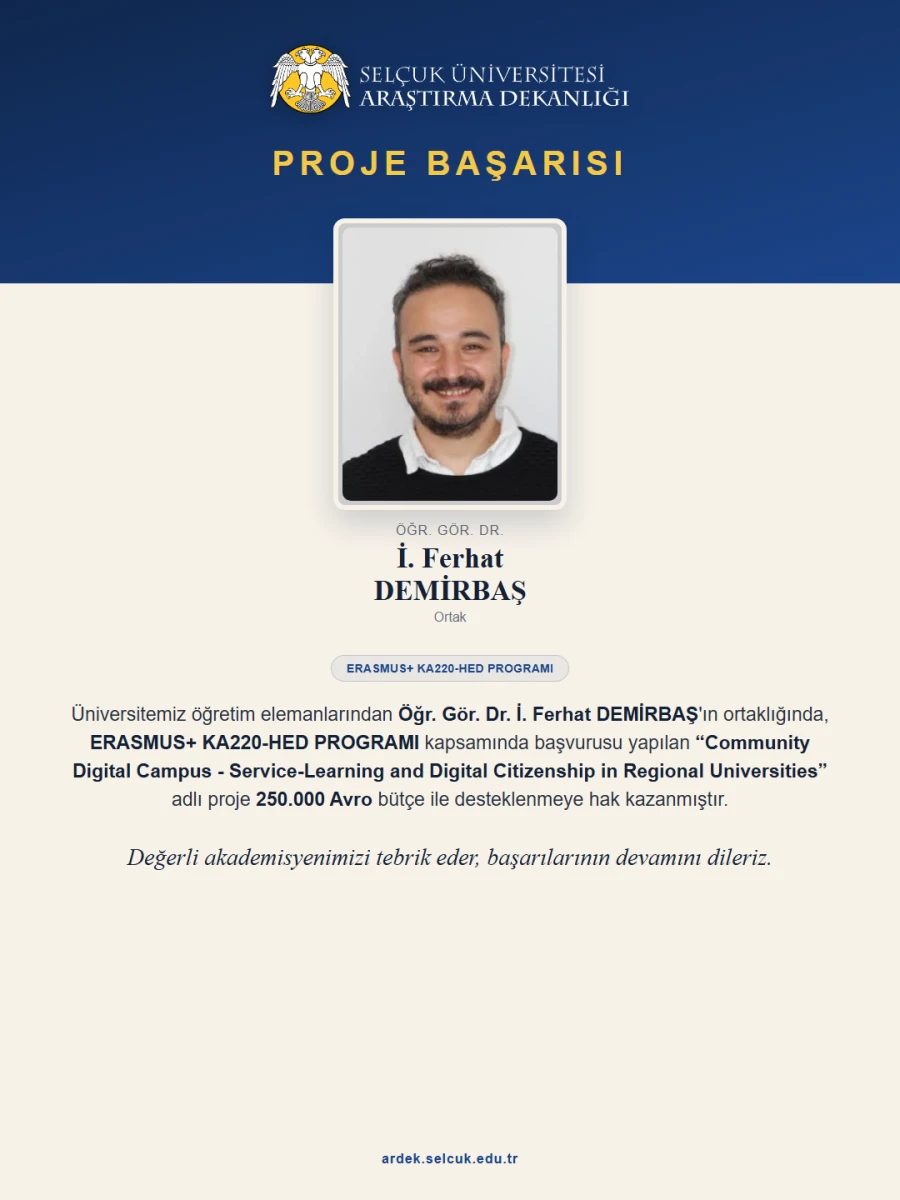 Öğr. Gör. Dr. İ. Ferhat DEMİRBAŞ, ERASMUS+ KA220-HED Proje Başarısı